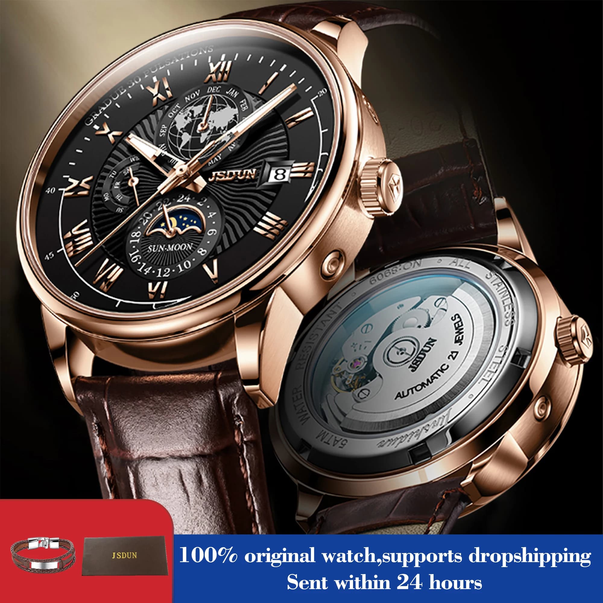 JSDUN 8909 Man Automatic Watch Classic Mechanical Watch For Men Moon Phase Roman Scale Waterproof Luminous Luxury Hand Clock