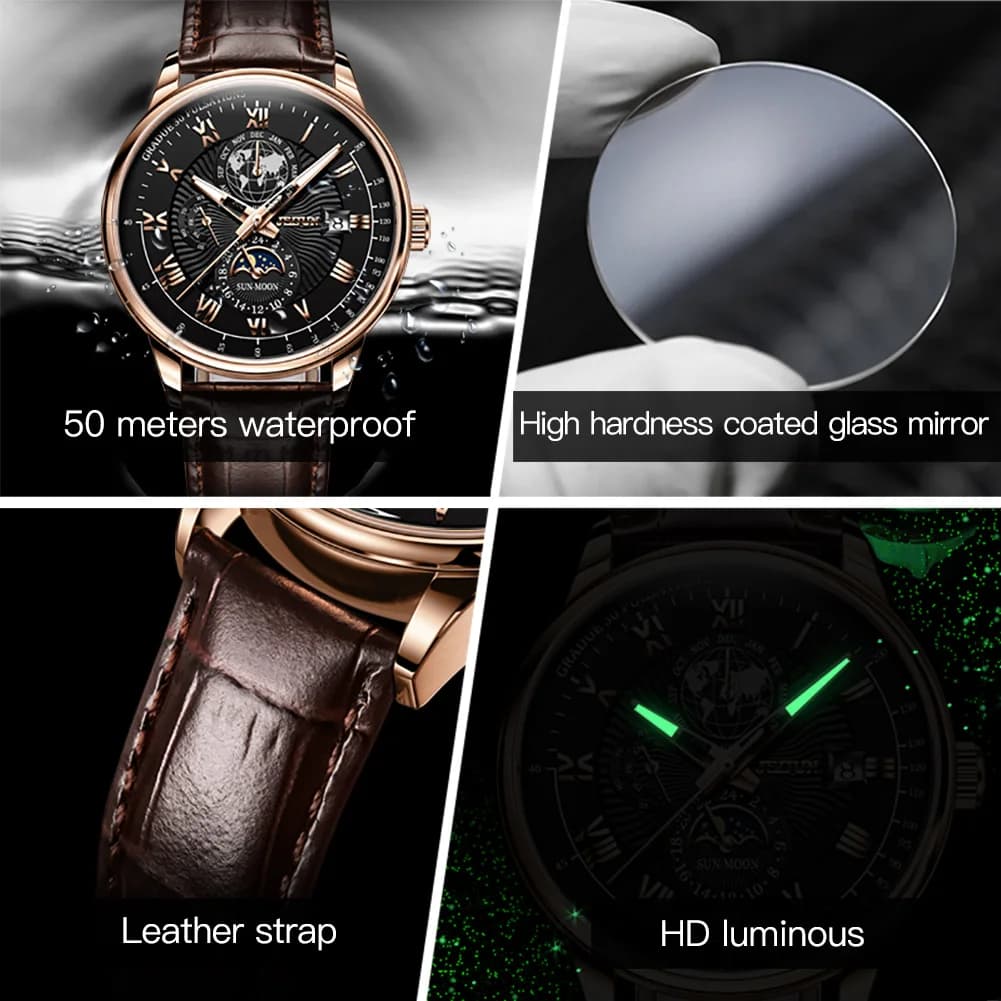 JSDUN 8909 Man Automatic Watch Classic Mechanical Watch For Men Moon Phase Roman Scale Waterproof Luminous Luxury Hand Clock - Image 5