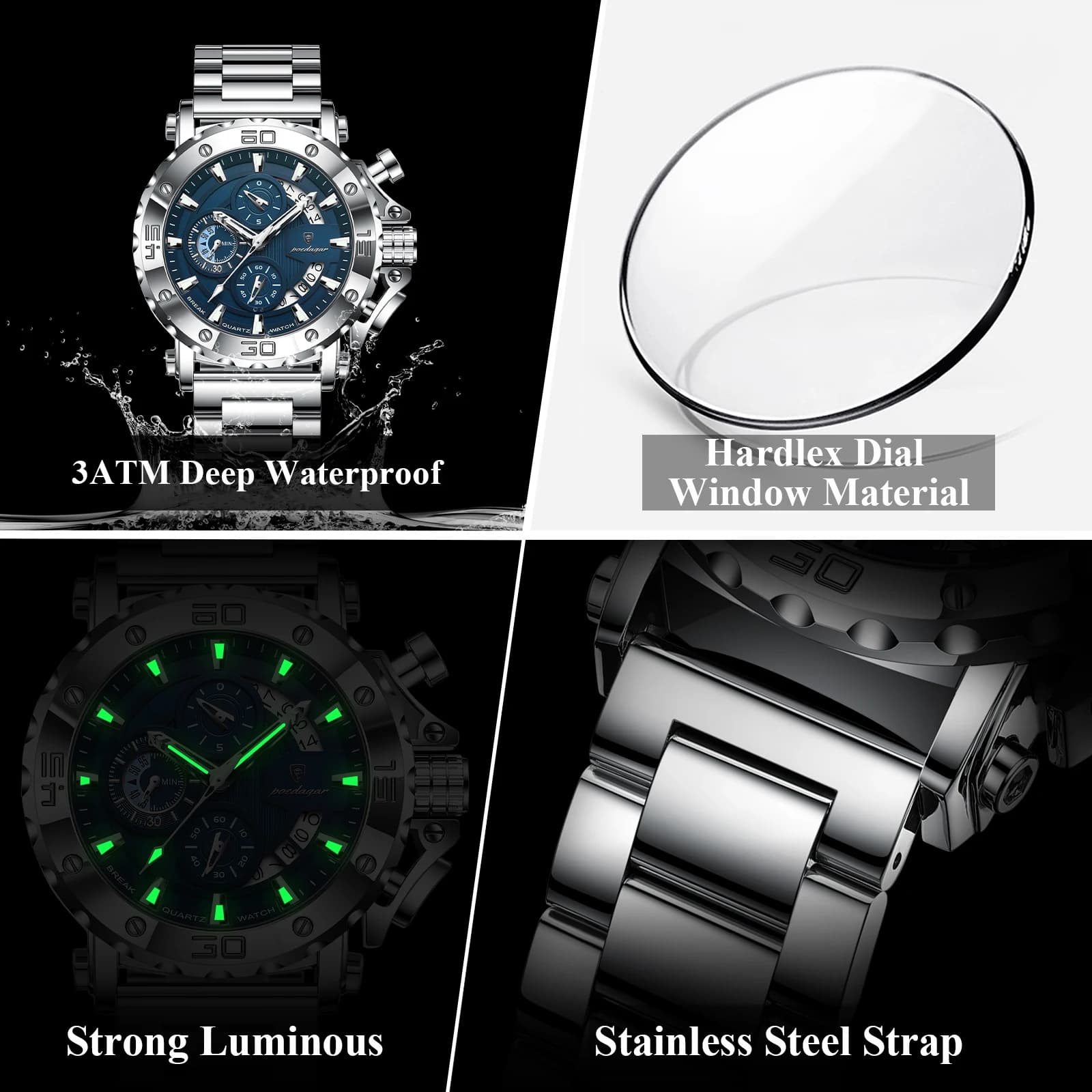 POEDAGAR Luxury Watch For Men Calendar Luminous Waterproof Man Clock Male Chronograph Stainless Steel Men's Quartz Watches Reloj - AliExpress - Image 3