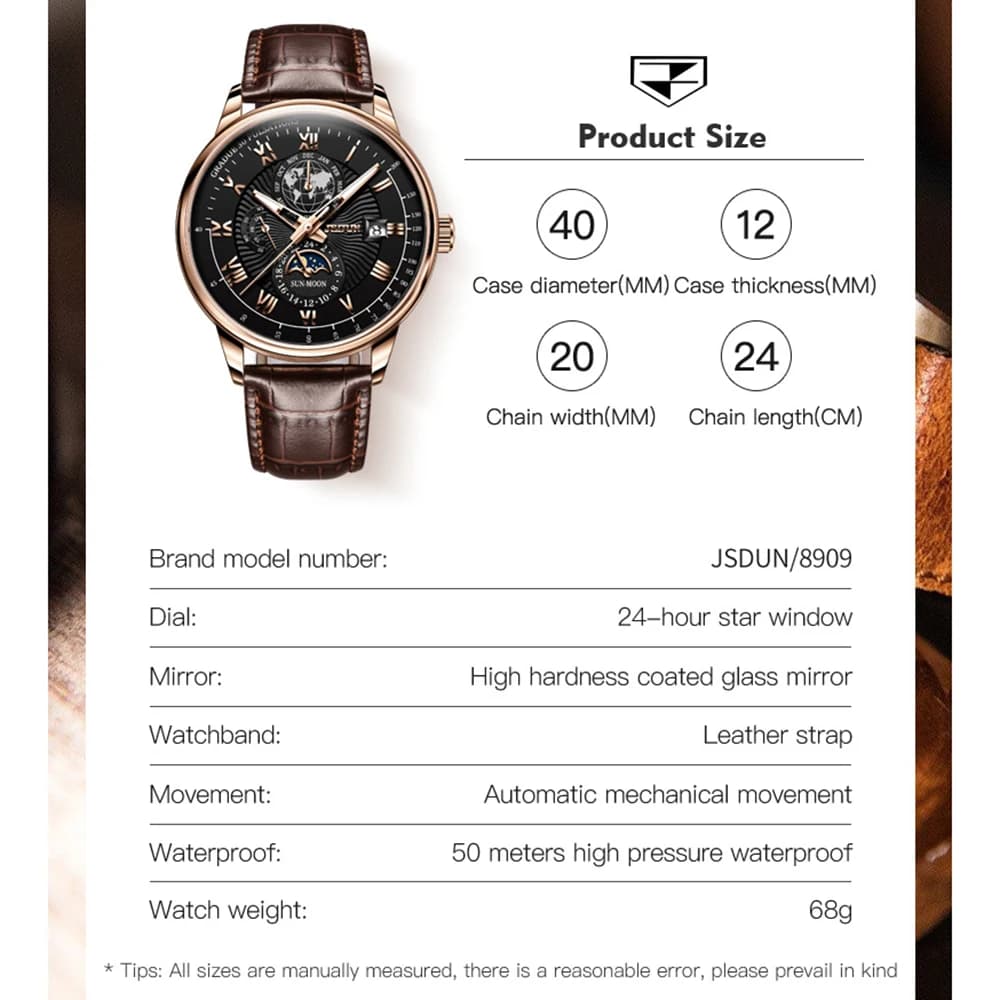JSDUN 8909 Man Automatic Watch Classic Mechanical Watch For Men Moon Phase Roman Scale Waterproof Luminous Luxury Hand Clock - Image 6
