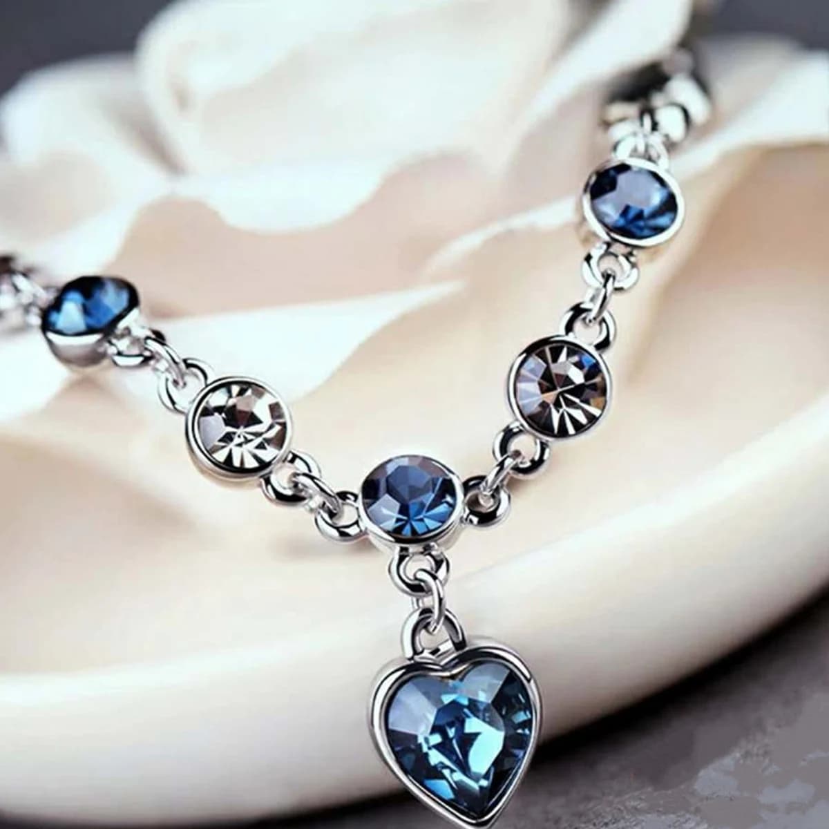 Women Silver Color Lucky Bracelet Female Blue Crystal Heart Charm Pulseras Bracelet Bridal Wedding Engagement Fine Jewelry - Image 2