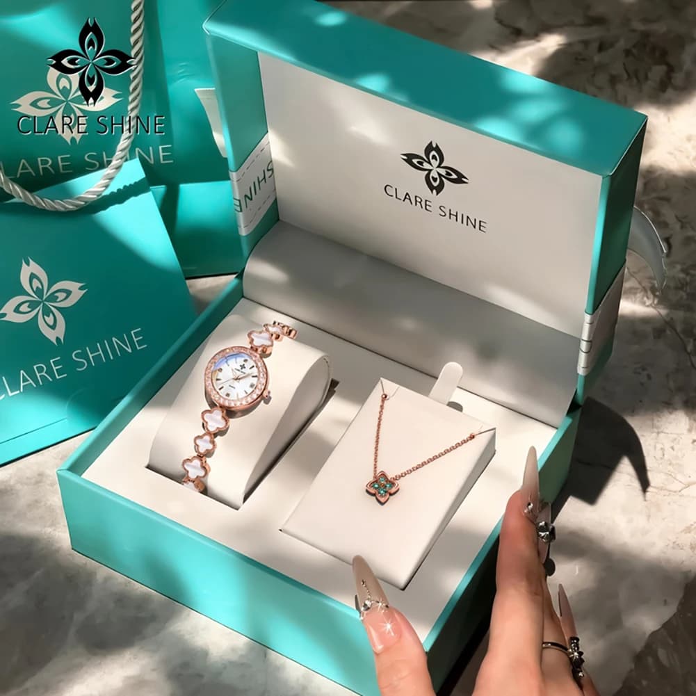 CLARE SHINE 7701 Woman Watch Imported Quartz Watch Waterproof Pearl Watch Chain Date Watches For Woman Bracelet Set Gifts Box - Image 4