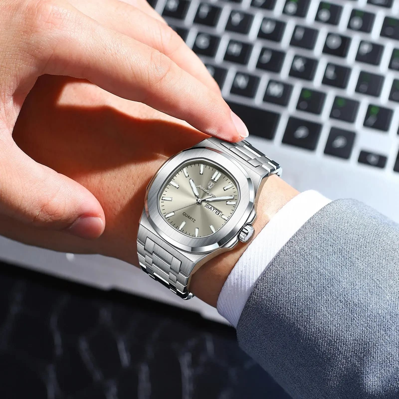 POEDAGAR Luxury Military Man Watch Square Waterproof Luminous Date Week Men Watch Stainless Steel Quartz Men's Watches Reloj+box - Image 4