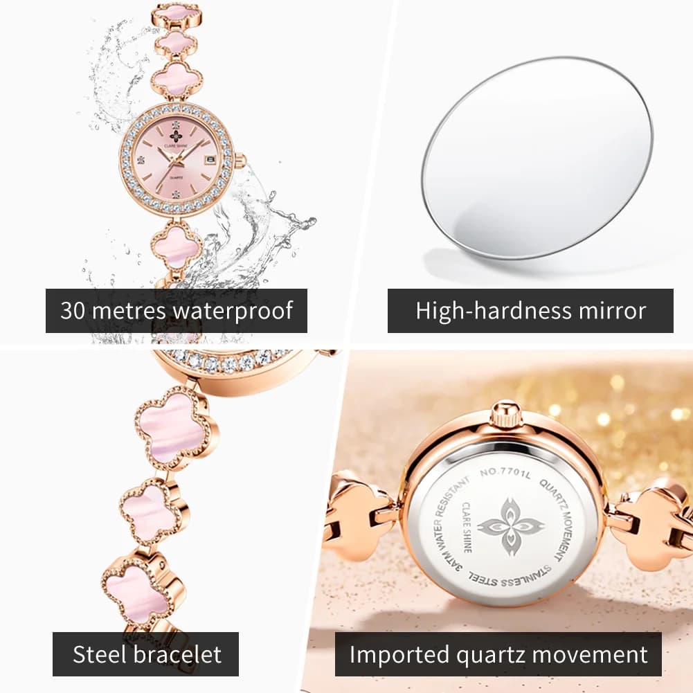 CLARE SHINE 7701 Woman Watch Imported Quartz Watch Waterproof Pearl Watch Chain Date Watches For Woman Bracelet Set Gifts Box - Image 5