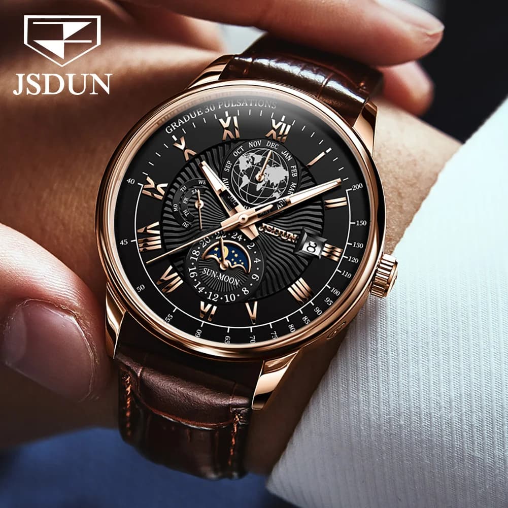 JSDUN 8909 Man Automatic Watch Classic Mechanical Watch For Men Moon Phase Roman Scale Waterproof Luminous Luxury Hand Clock - Image 4