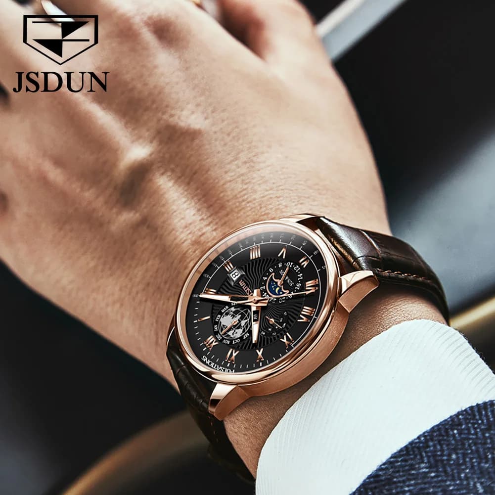 JSDUN 8909 Man Automatic Watch Classic Mechanical Watch For Men Moon Phase Roman Scale Waterproof Luminous Luxury Hand Clock - Image 3