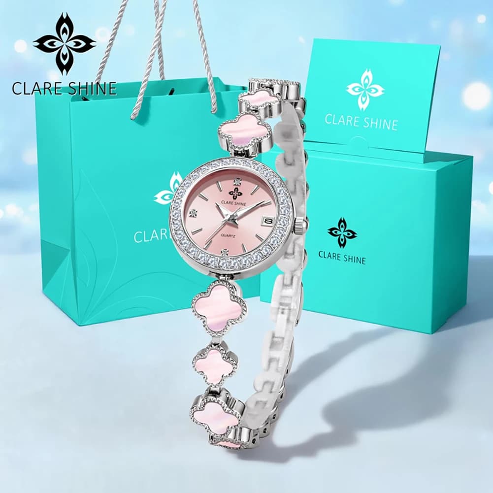 CLARE SHINE 7701 Woman Watch Imported Quartz Watch Waterproof Pearl Watch Chain Date Watches For Woman Bracelet Set Gifts Box - Image 2